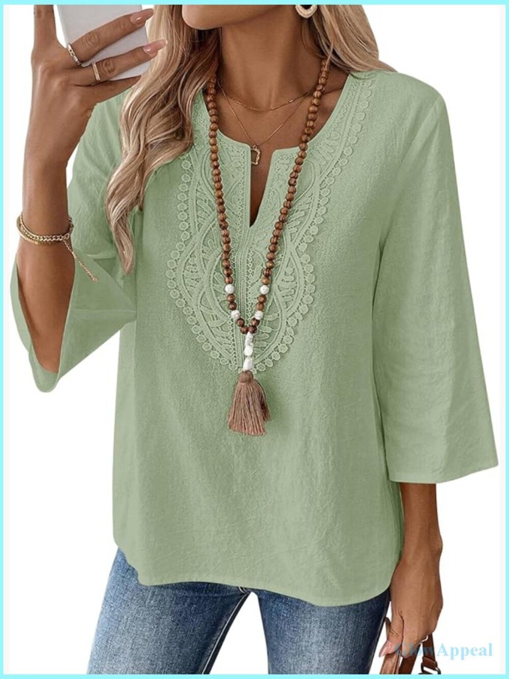 3/4 Sleeve V-Neck Lace Cotton Linen Tunic Blouse Boho Loose Fit Top